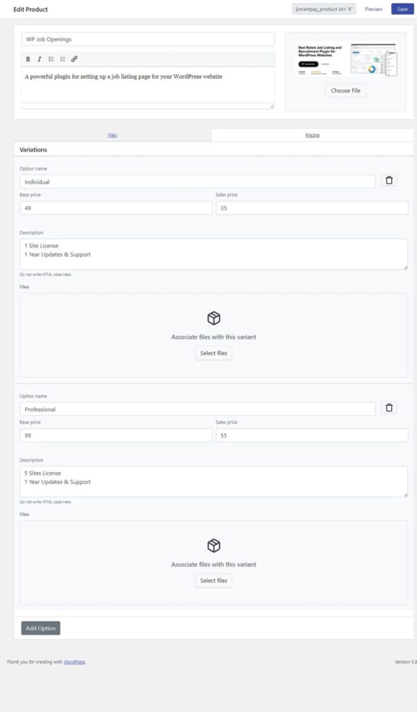 Pricing Variation in WP SmartPay