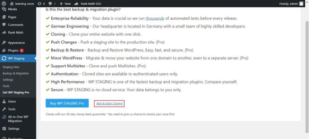 Access the plugin from the side menu and select skip&start cloning