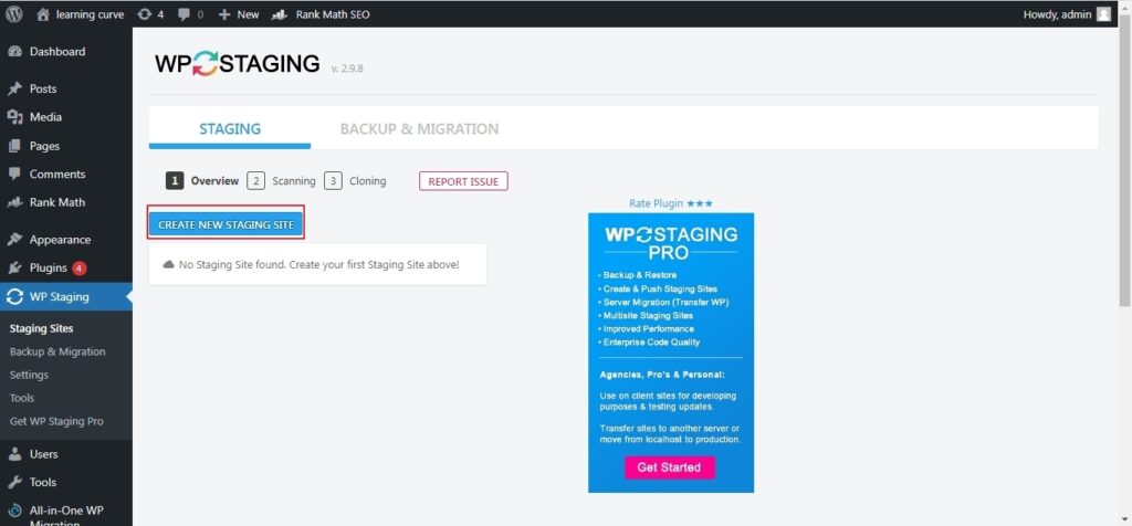 click on create a new staging site