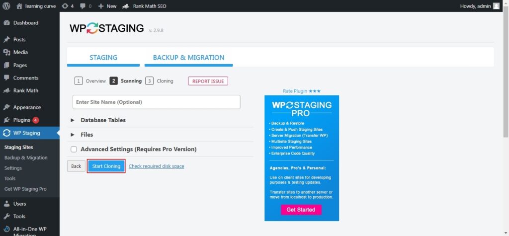 select start cloning option to create the staging site.