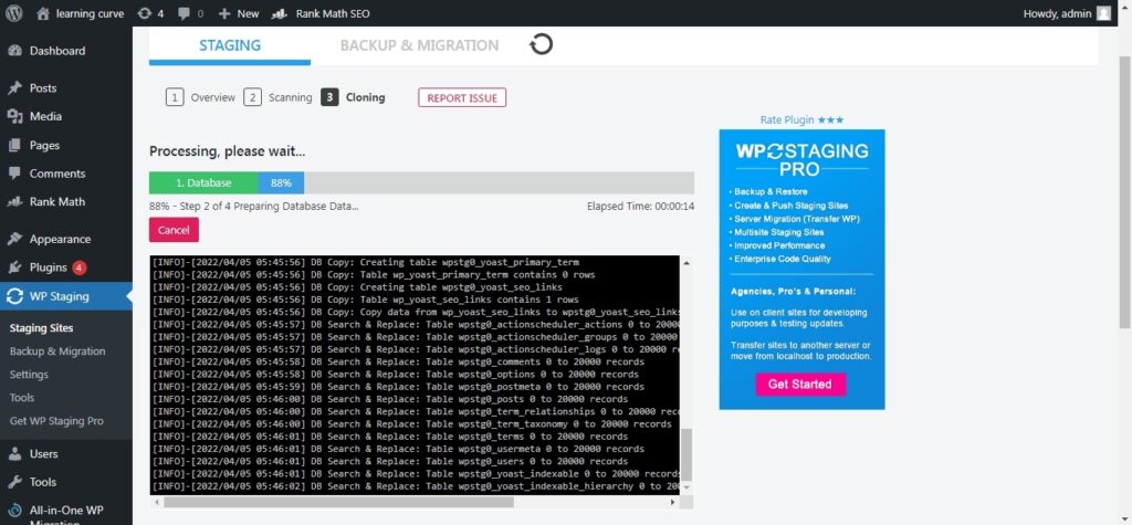 the staging site creation process by the plugin.