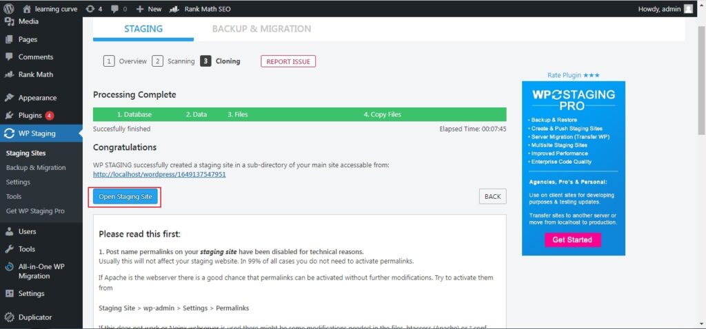 Access the staging site by clicking on the open staging site option.