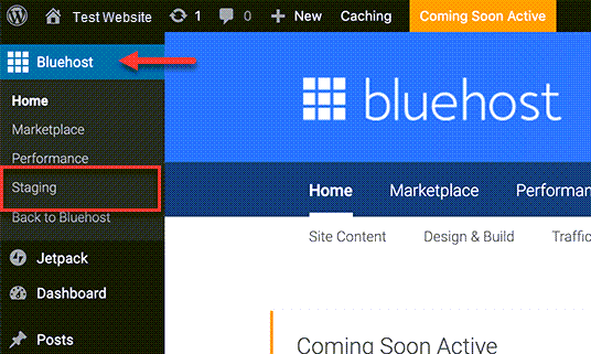 Bluehost staging option menu.