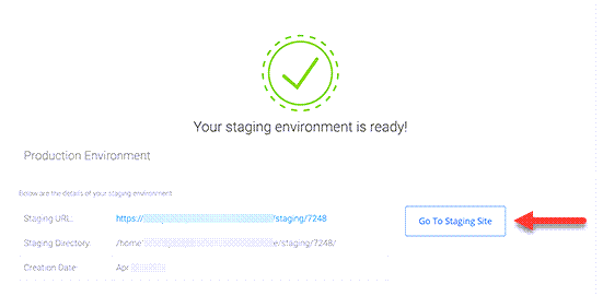 Successful completion of the WordPress staging site.