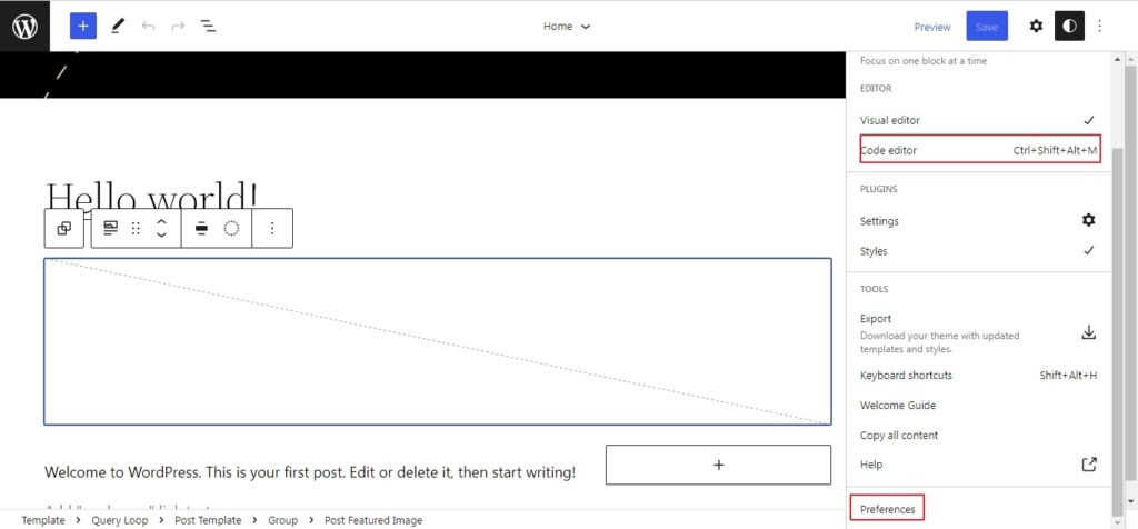 WordPress 6.0 code editor in the main site editor