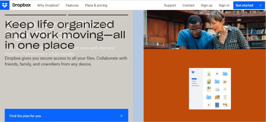Dropbox cloud storage website homepage