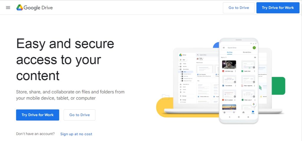Google Drive cloud storage website homepage