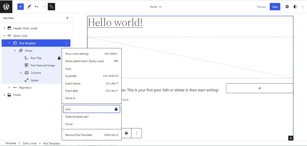 WordPress 6.0 block lock UI