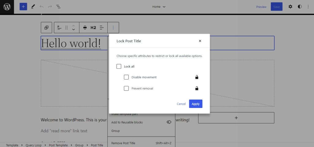 WordPress 6.0 lock UI