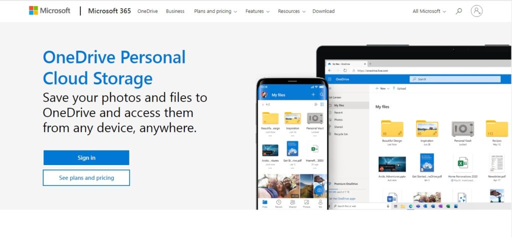 Microsoft OneDeive cloud storage homepage
