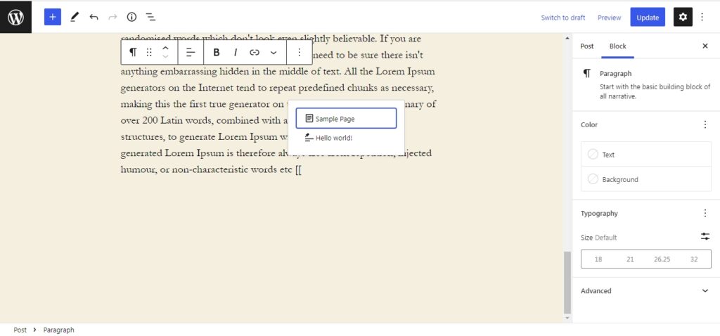 WordPress 6.0 quick insertion shortcuts