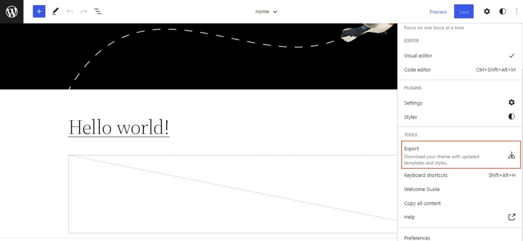 WordPress 6.0 export block theme feature