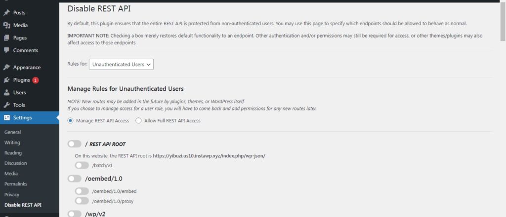 REST API menu option to disable for WordPress DDoS attack protection