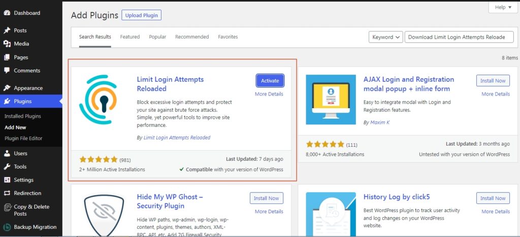 Limit login attempts reloaded plugin