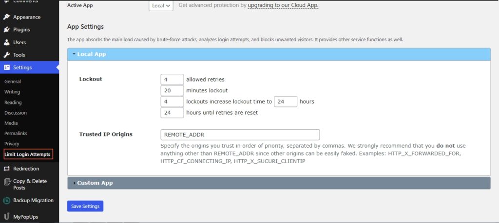 settings menu of the plugin