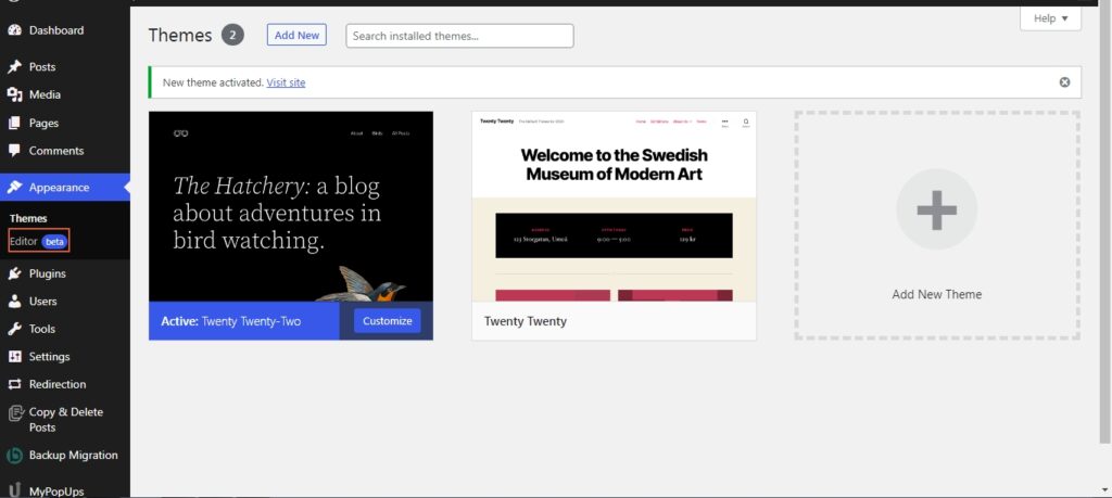 Full site editing block theme's new editor