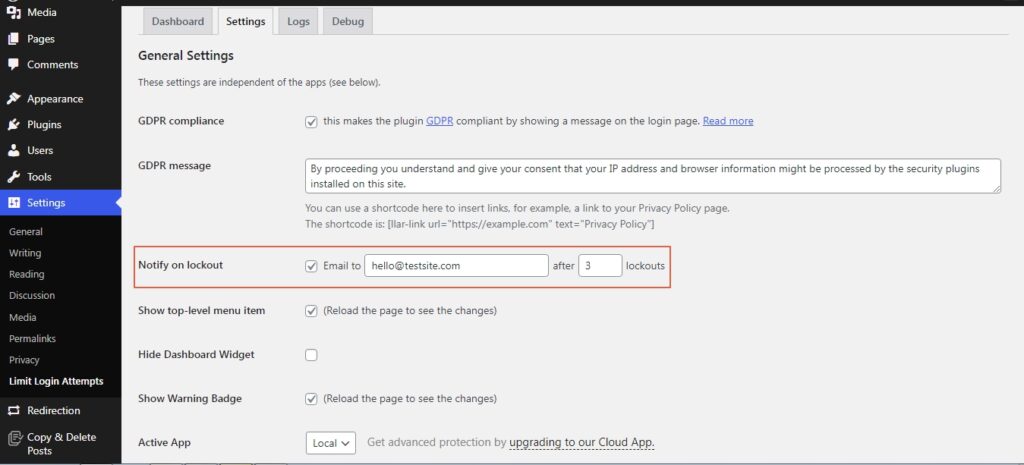 plugin settings for lockout alert