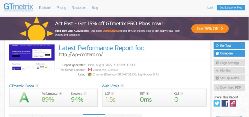 GTmetrix TTFB result