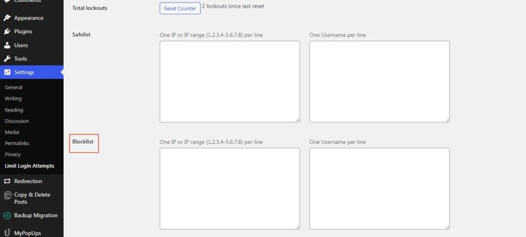 blocklist I.P range from settings