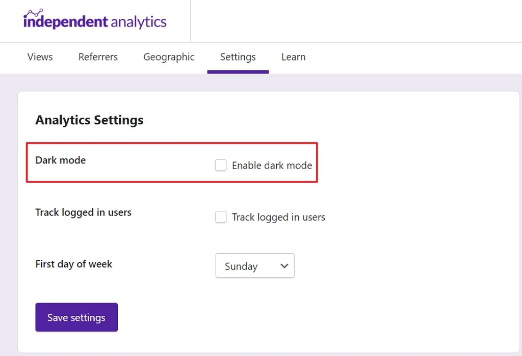 Independent Analytics Dark Mode Option