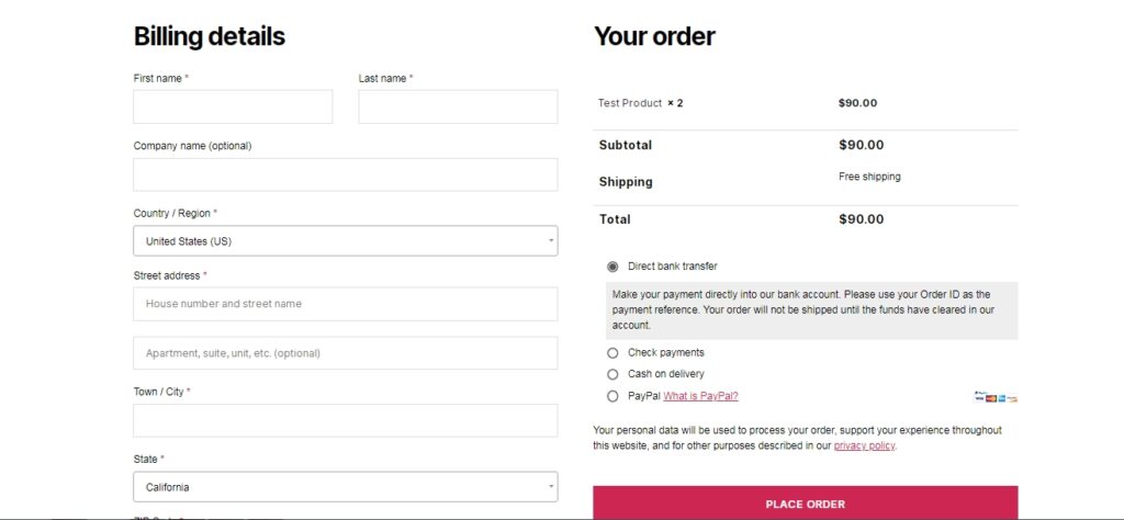 simple Woocommerce checkout page