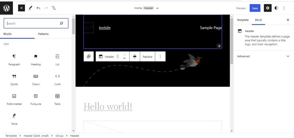 The all-new full site editing screen