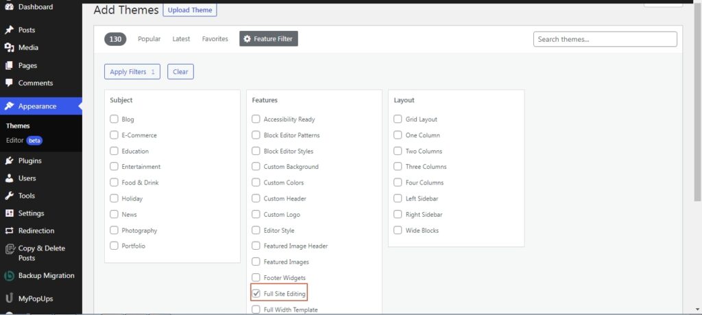 Filter option for full site editing themes