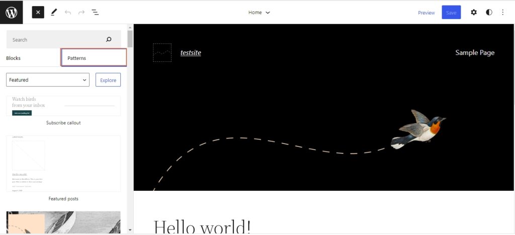 block patterns in block theme