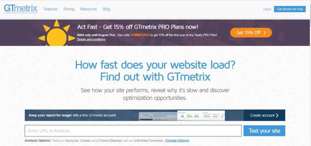 Gtmetrix homepage