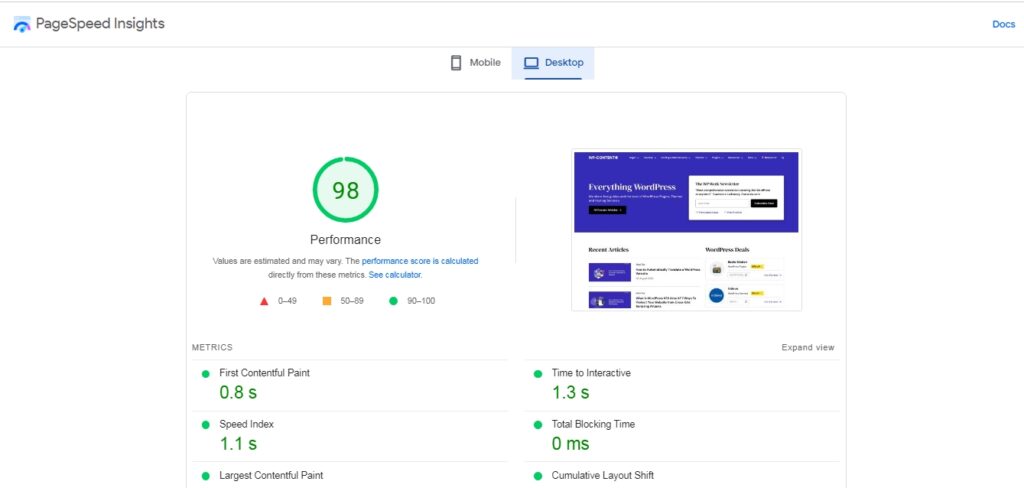 TTFB result of your website