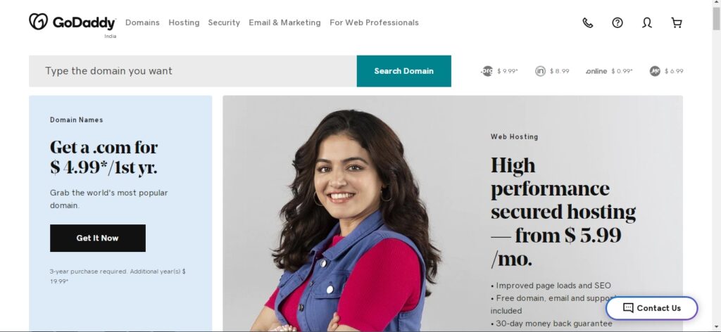 GoDaddy homepage