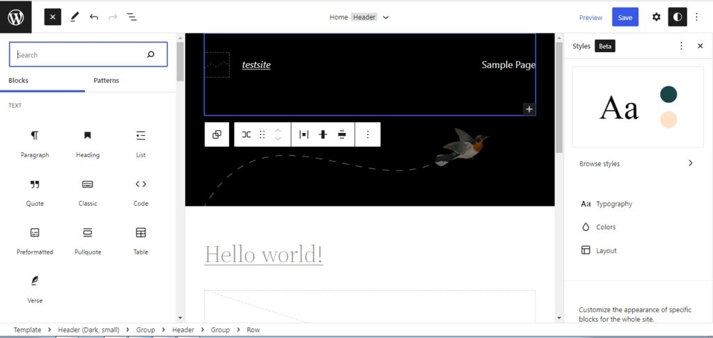 SIte editor in block theme