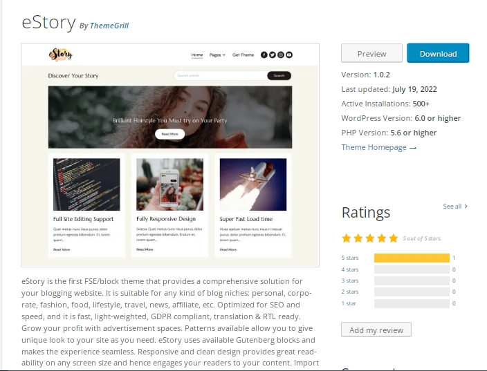 eStory a WordPress block theme
