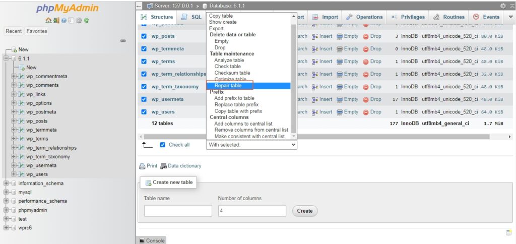 repair database from phpMyAdmin