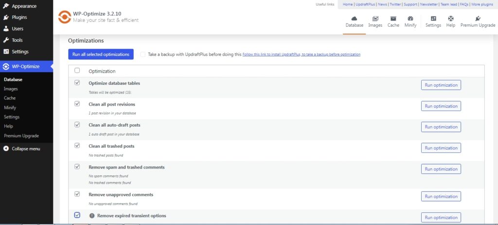Optimize the database with WP optimize to solve a slow WordPress website