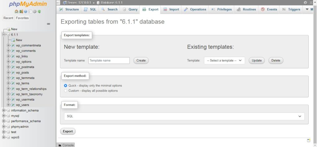 phpMyAdmin database export