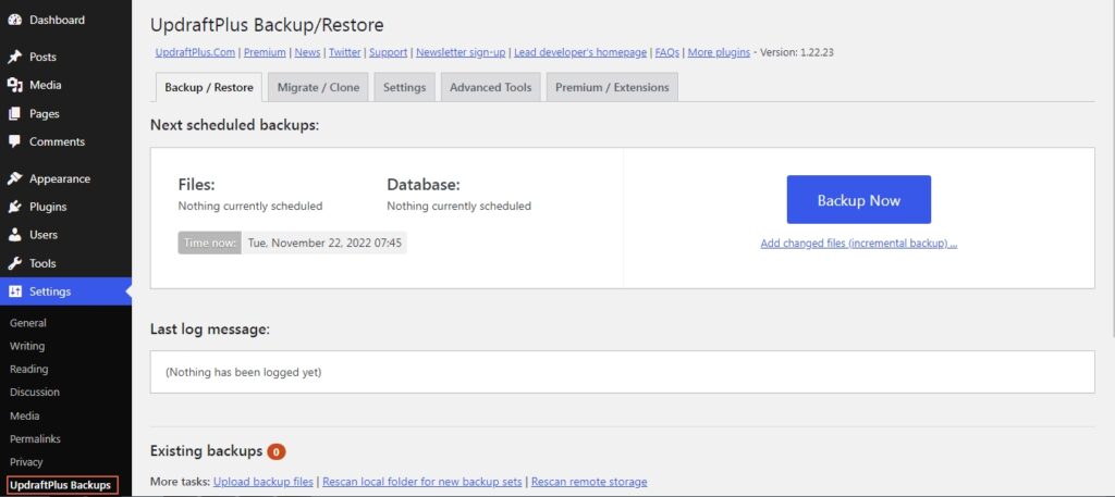 Updraft plugin to back up a WordPress website