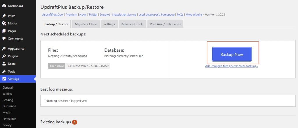 Updraft WordPress backup plugin 