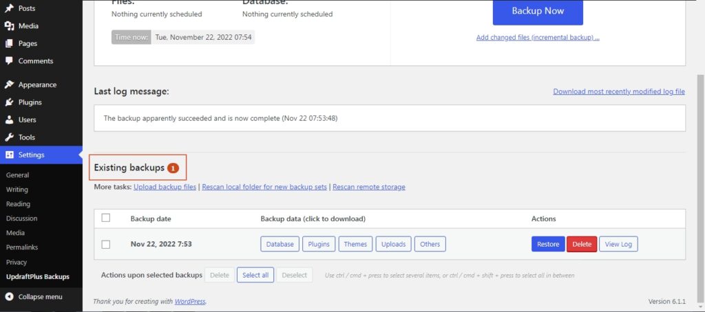 Updraft plugin existing backups