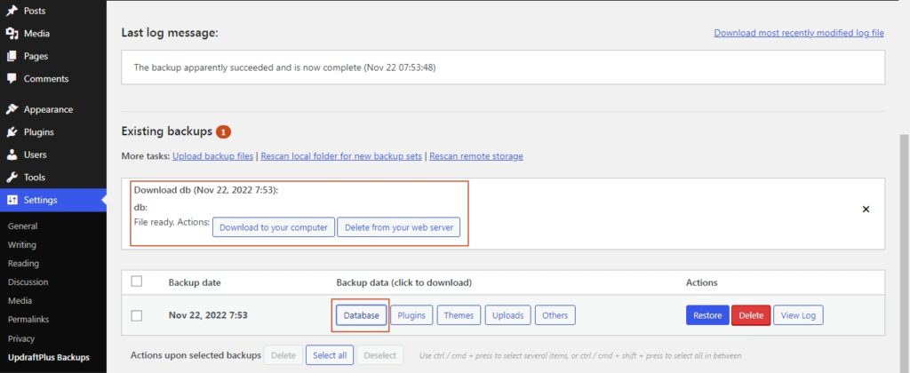 Updraft plugin download backups