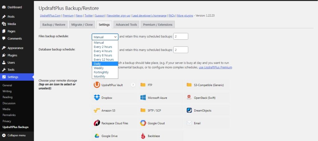 Updraft plugin automate options