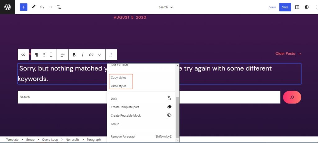 copy and paste block styles in WordPress 6.2