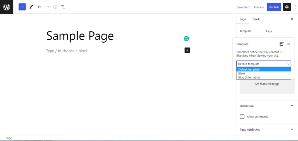 template option in WordPress