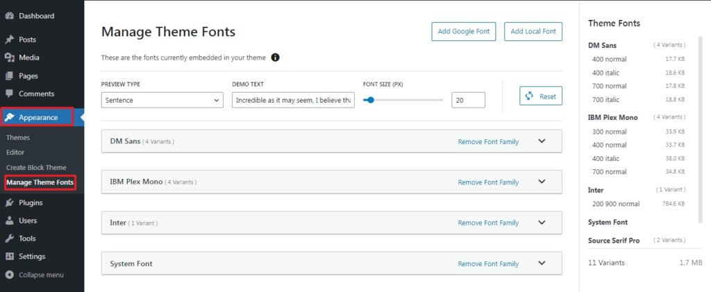block theme host font plugin settings