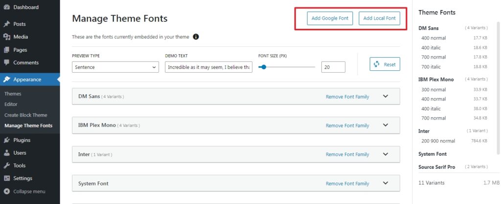 various plugin settings to host fonts