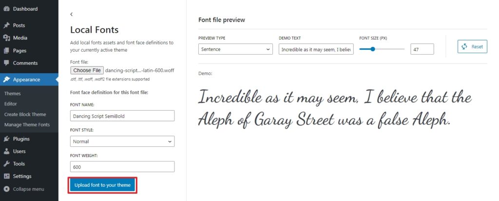 local fonts uploaded