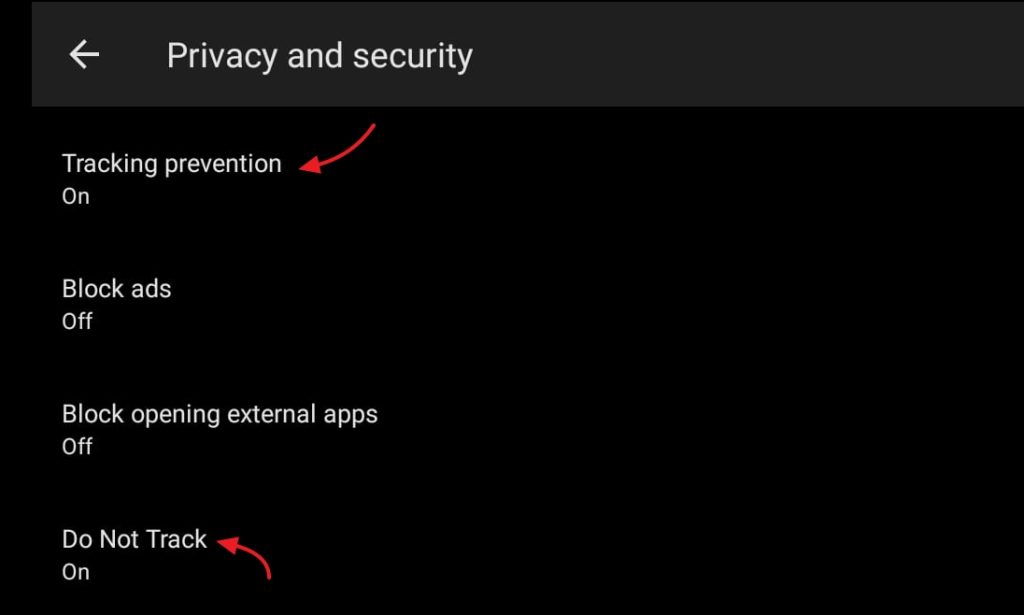 tracking prevention option