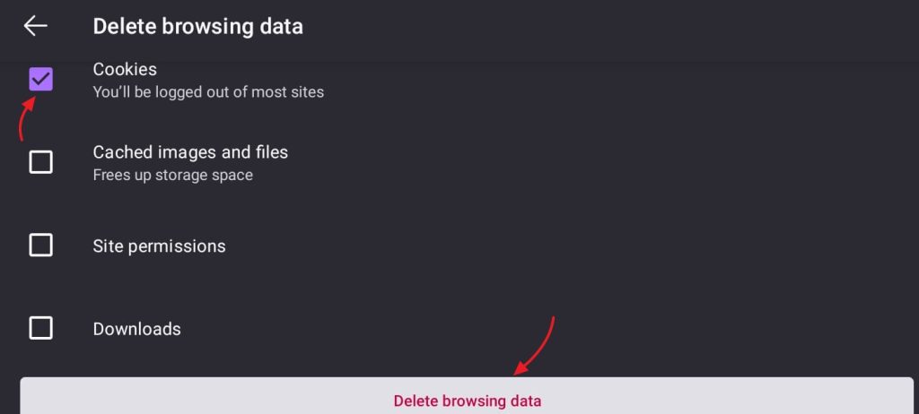 clearing tracking cookies on Firefox mobile