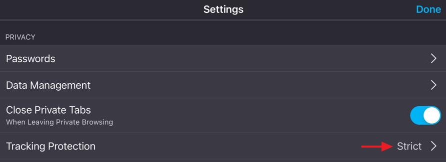Tracking Protection on Firefox ios version