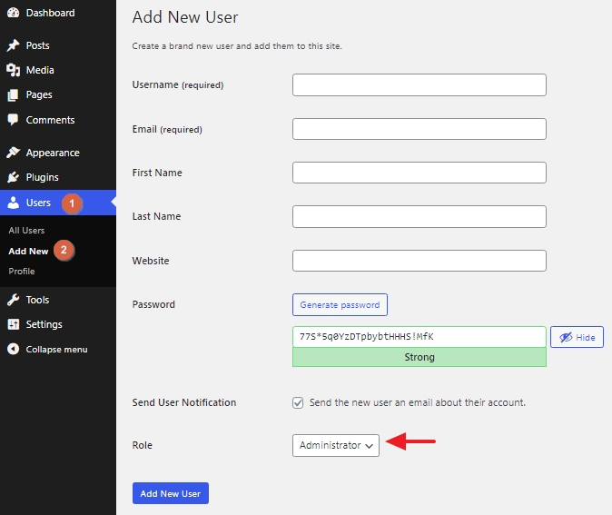 create new user from admin dashboard